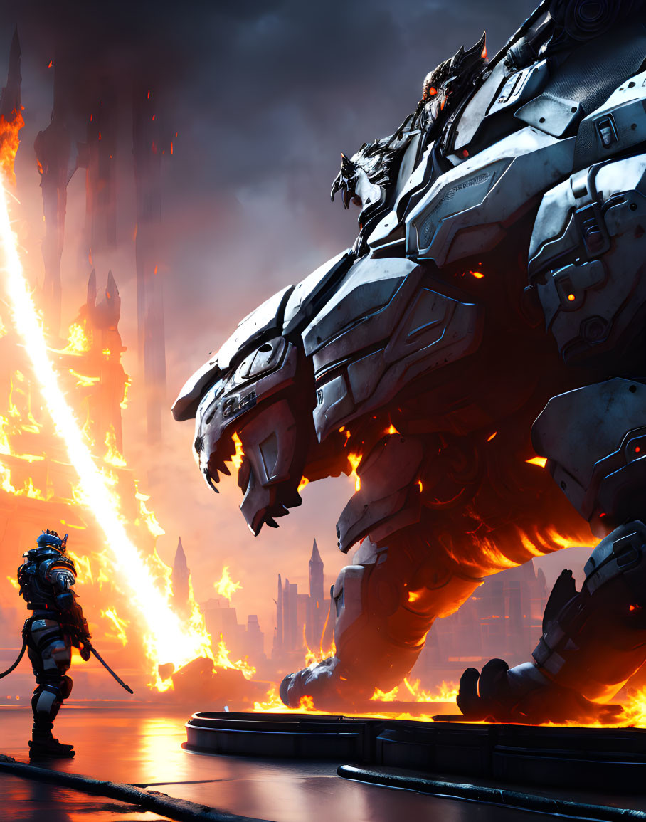 Warrior facing giant mech in cityscape with fiery beams