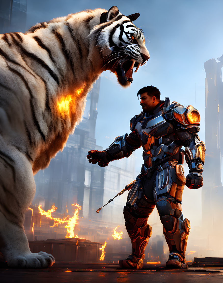 Futuristic armored man with white tiger in blazing cityscape