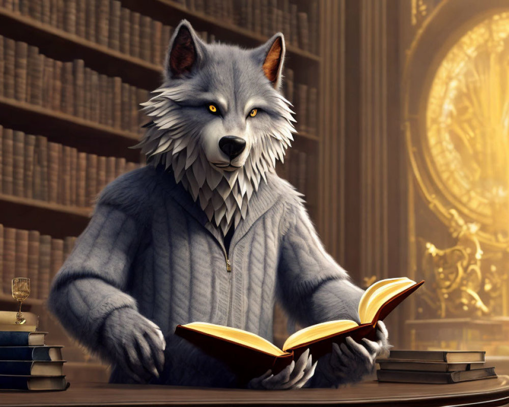 Anthropomorphic Wolf Reading Book in Old Library Scene