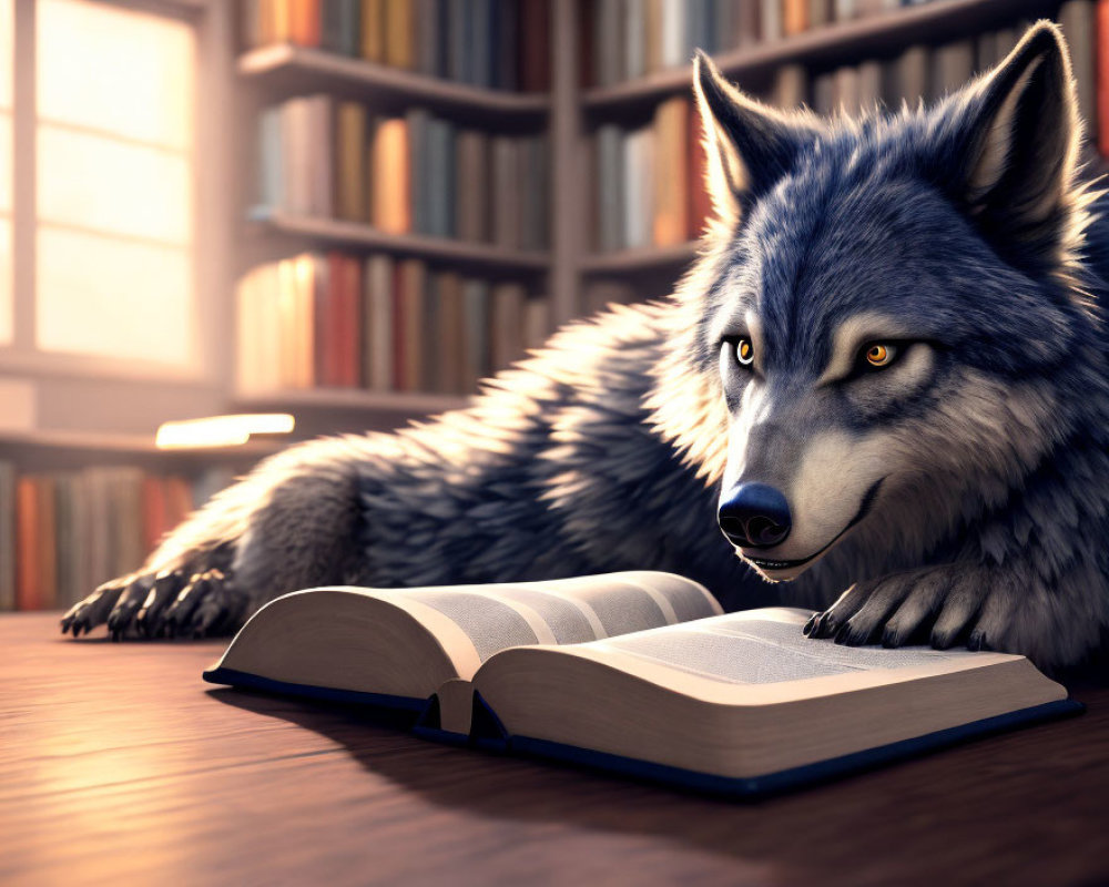 Realistic wolf reading book on wooden desk in library