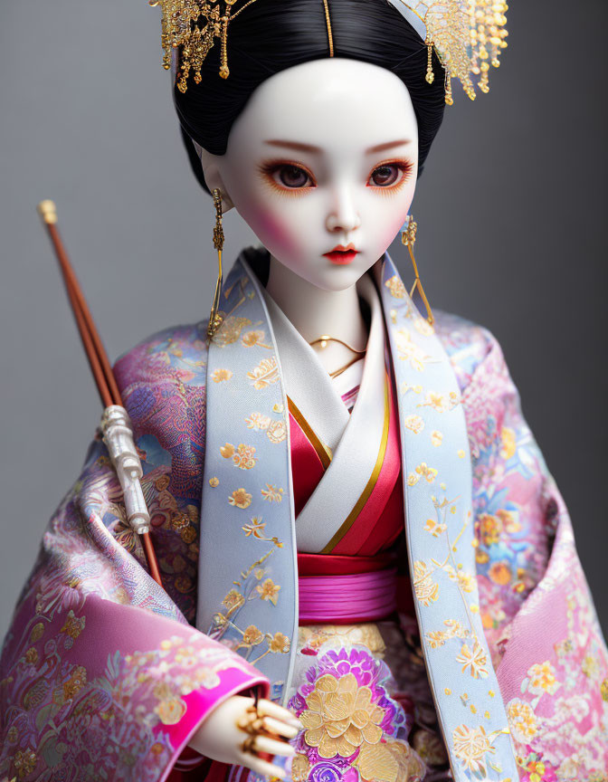 Traditional Asian doll in ornate kimono with floral patterns and gold accessories