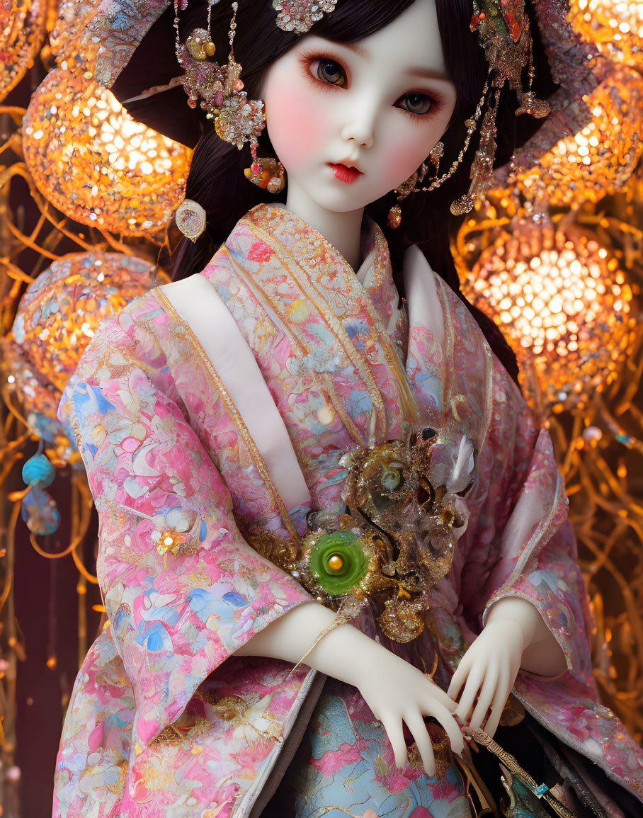 Detailed Asian-inspired doll in ornate costume against warm background