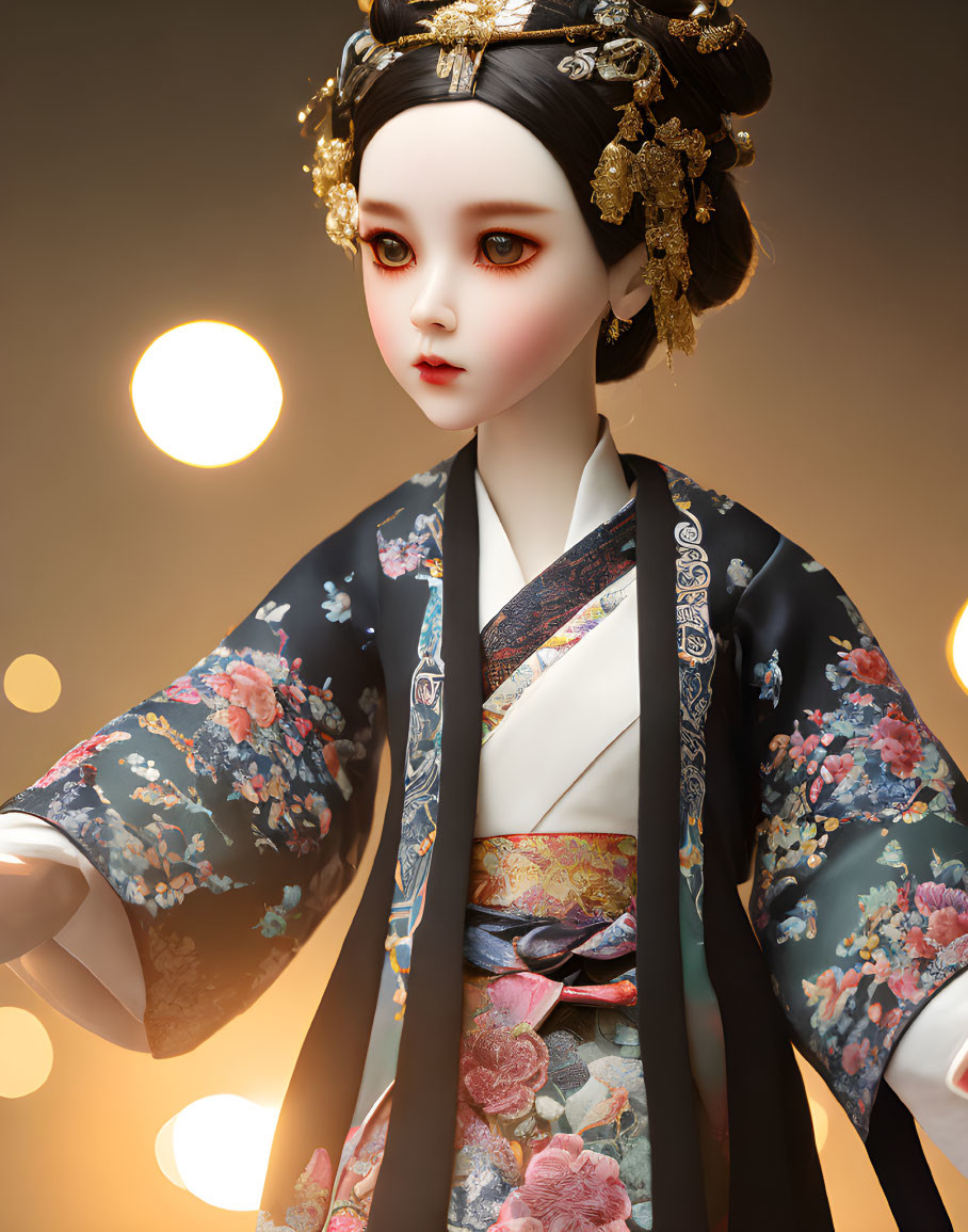 Digital artwork: Doll in Asian garment with floral patterns on warm backdrop