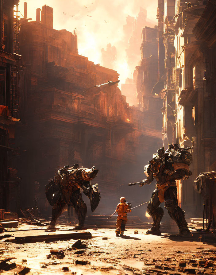 Child with large robot on devastated street among towering buildings.