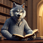Anthropomorphic Wolf Reading Book in Old Library Scene