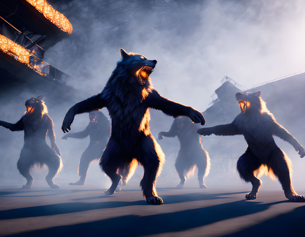 Anthropomorphic wolves in spotlight on misty stage