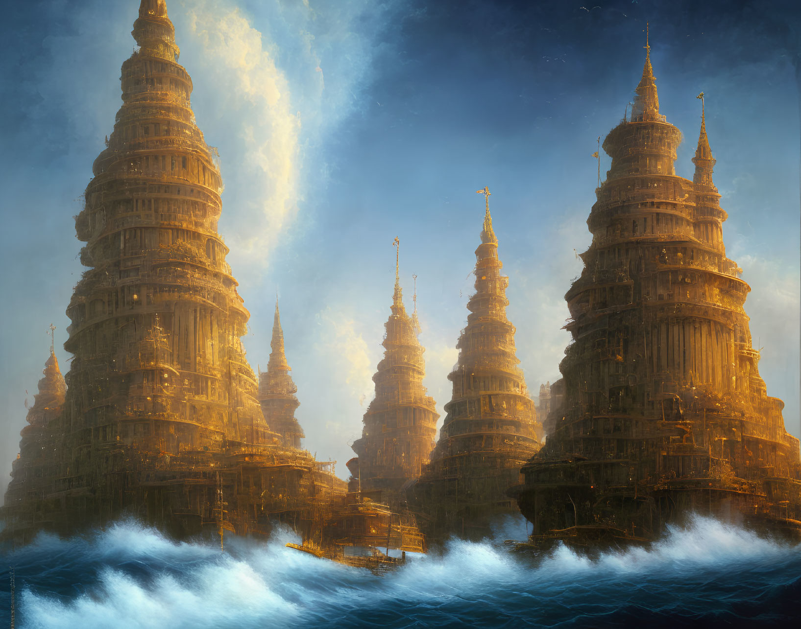 Golden Towers Emerge from Turbulent Ocean Under Dramatic Sky
