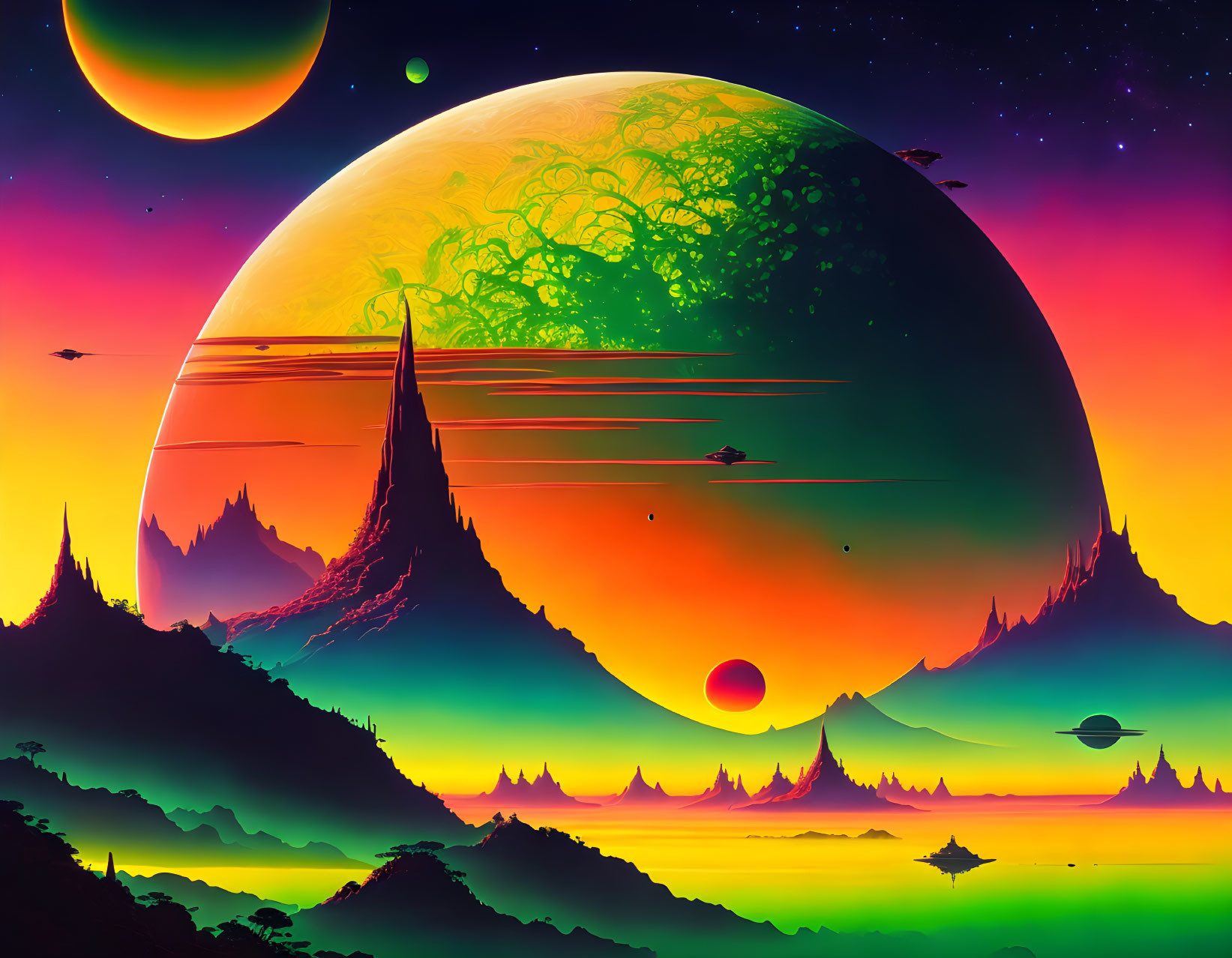 Colorful science fiction landscape with large planets, futuristic mountains, and alien spacecraft.