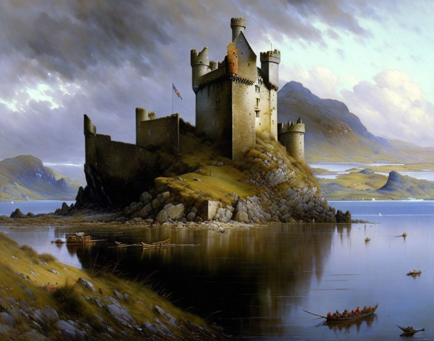 Medieval stone castle with towers on lakeshore amidst misty mountains and boats