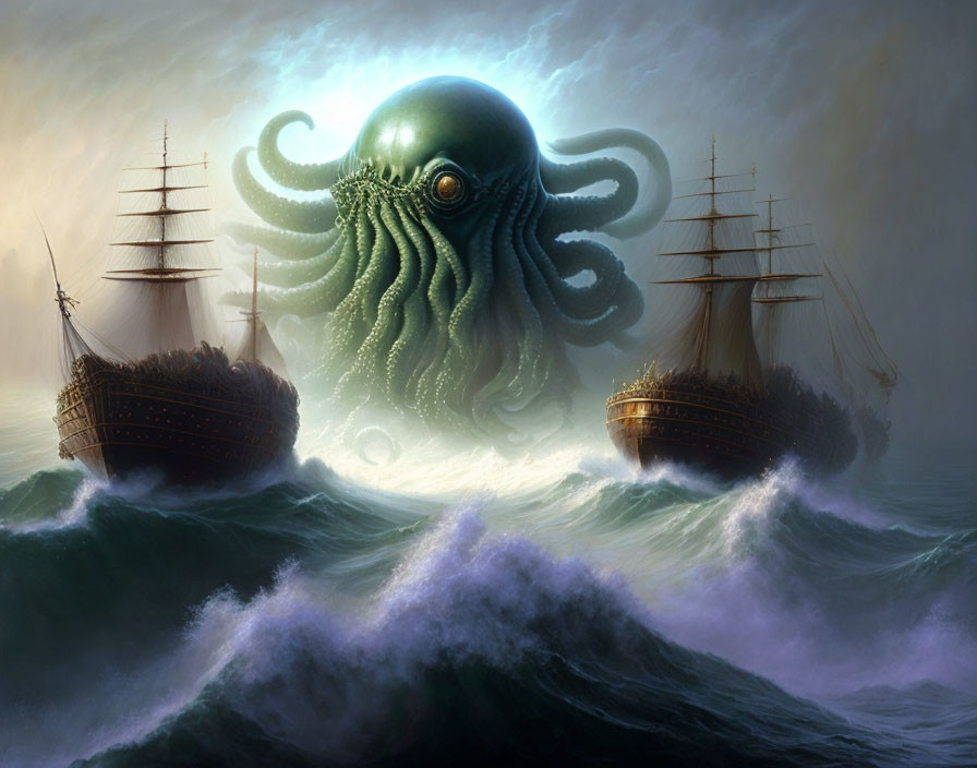 Giant octopus confronts sailing ships in stormy seas