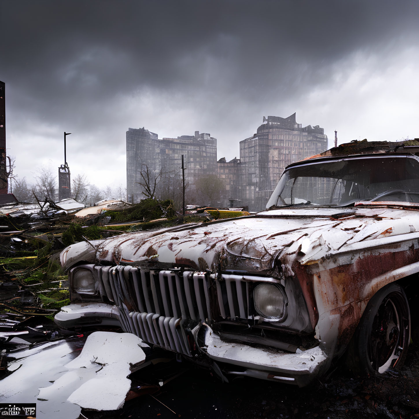 Abandoned rusty car amidst debris under stormy sky
