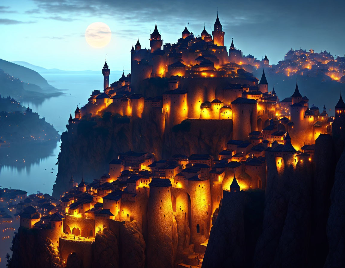 Medieval fantasy city on cliff at dusk with warm lights and full moon over sea