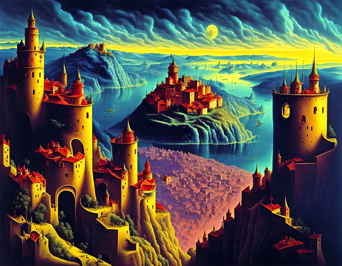 Fantasy landscape with glowing castles on floating islands