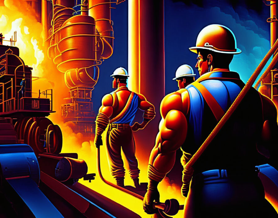 Industrial machinery and workers in hard hats in vibrant illustration