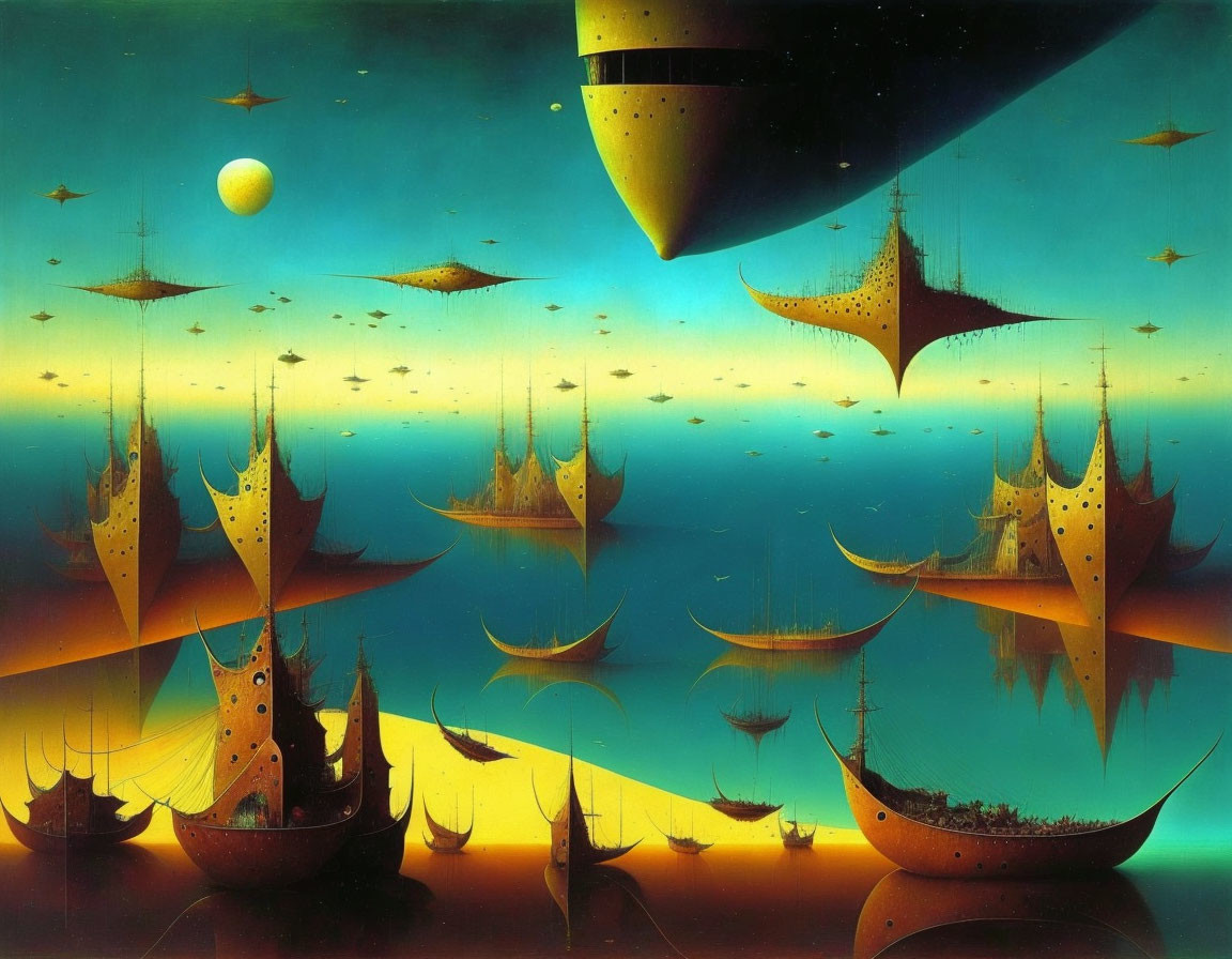 Surreal landscape with star-shaped ships, mirrored surface, greenish sky, two moons