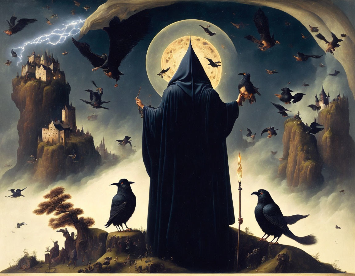 Robed figure with staff under full moon, ravens, castles, lightning strike