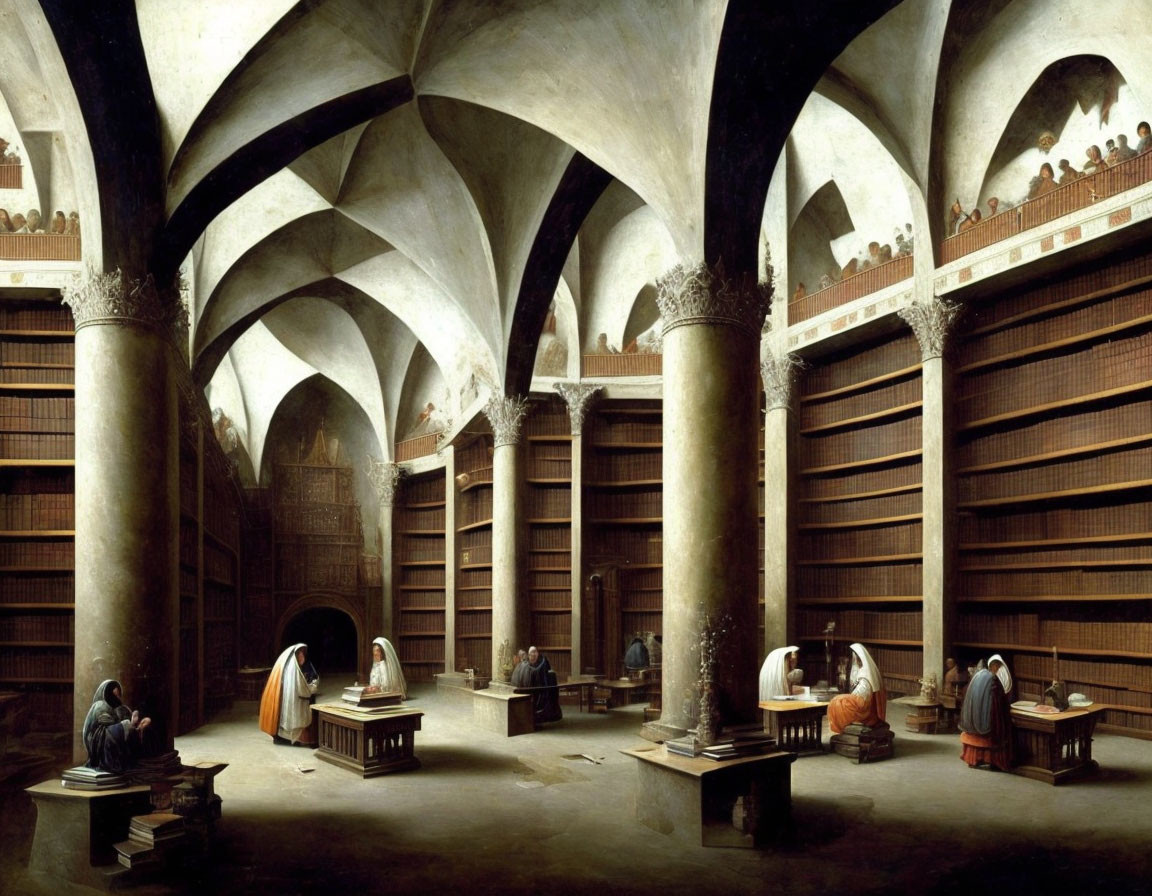 Historic Library Interior with Towering Bookshelves