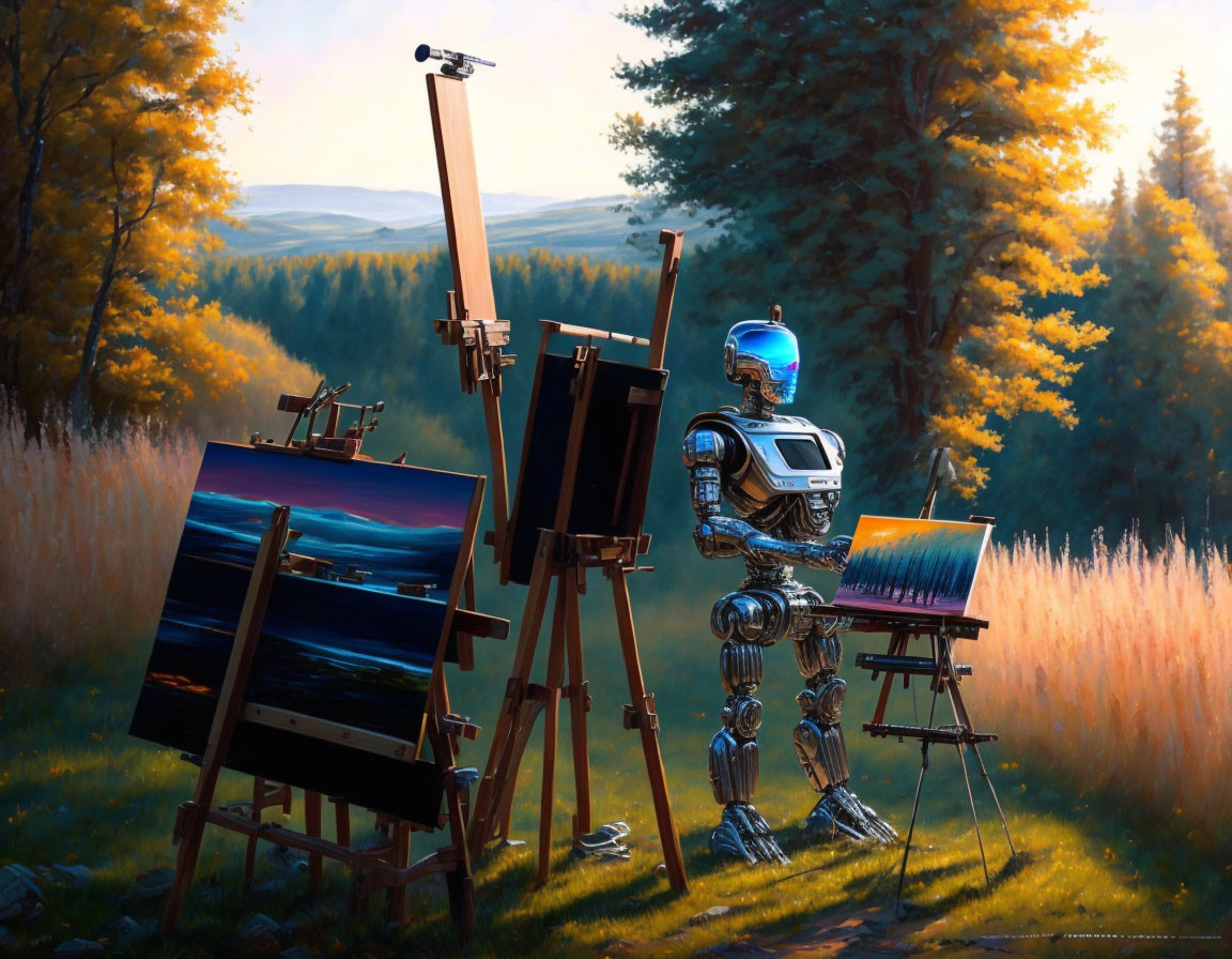 Human-like robot painting landscape in autumn forest