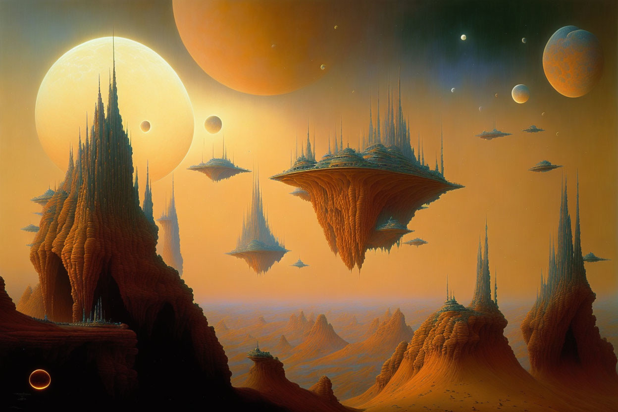 Floating Islands Above Desert with Celestial Bodies in Sky