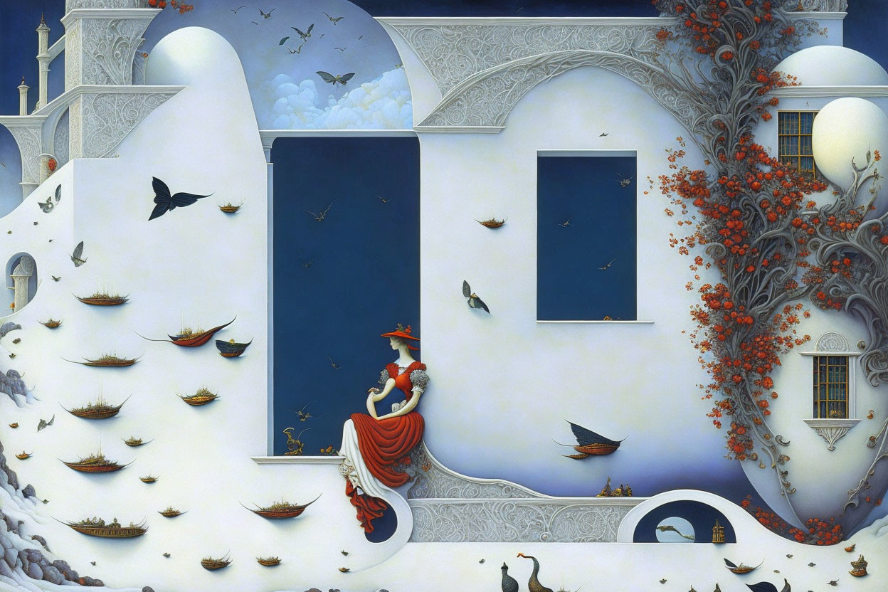 Surreal painting of woman on balcony with ships and birds in blue and white setting