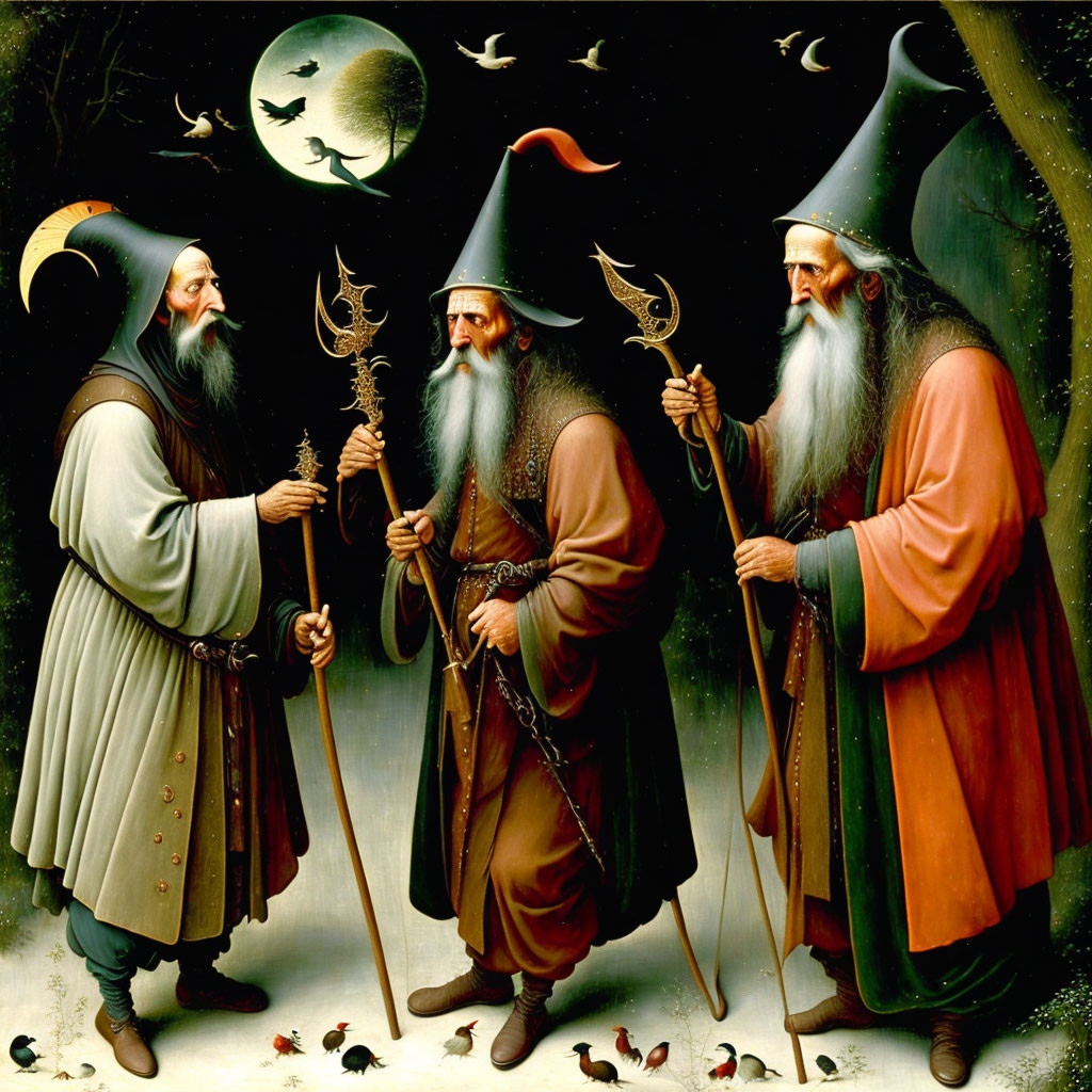Three Bearded Figures in Robes and Tall Hats with Staves Under Night Sky
