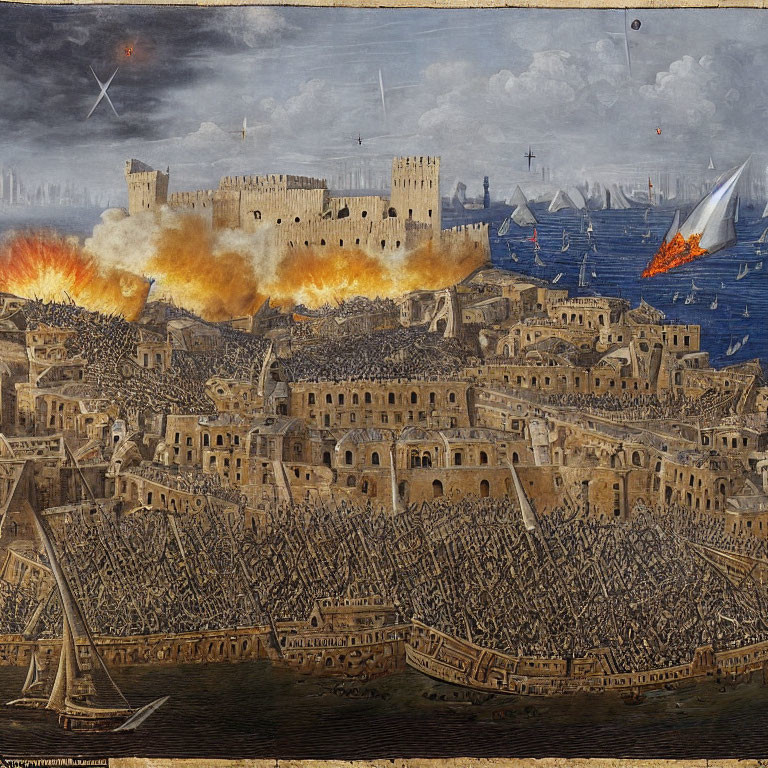 Naval Siege Painting: Ships Attack Fortified City in Chaotic Battle