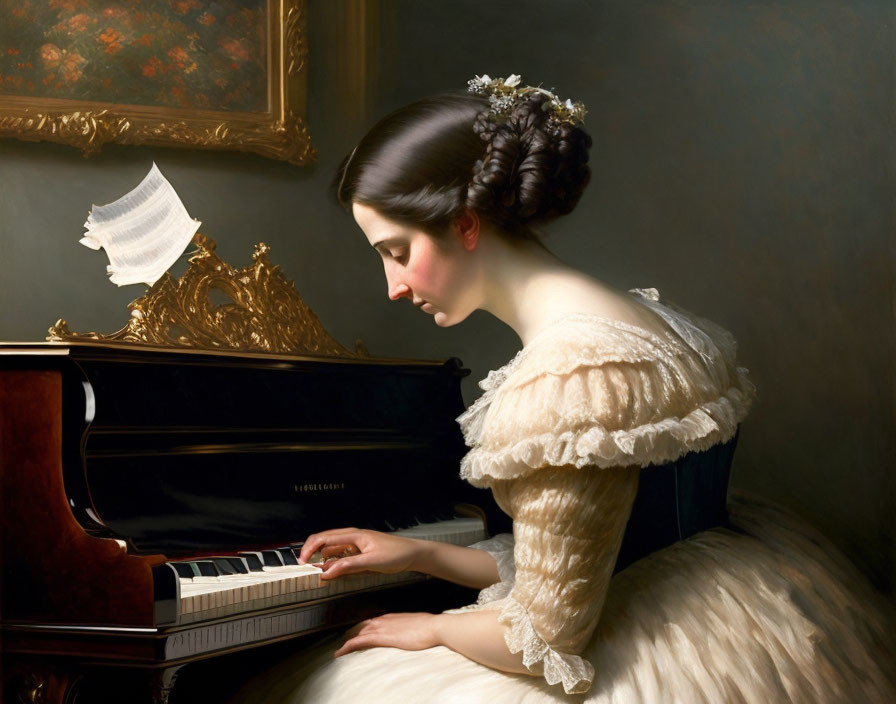 Woman in white dress playing piano in elegant room