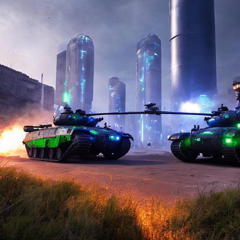 Futuristic tanks with neon lights on urban battlefield at dusk