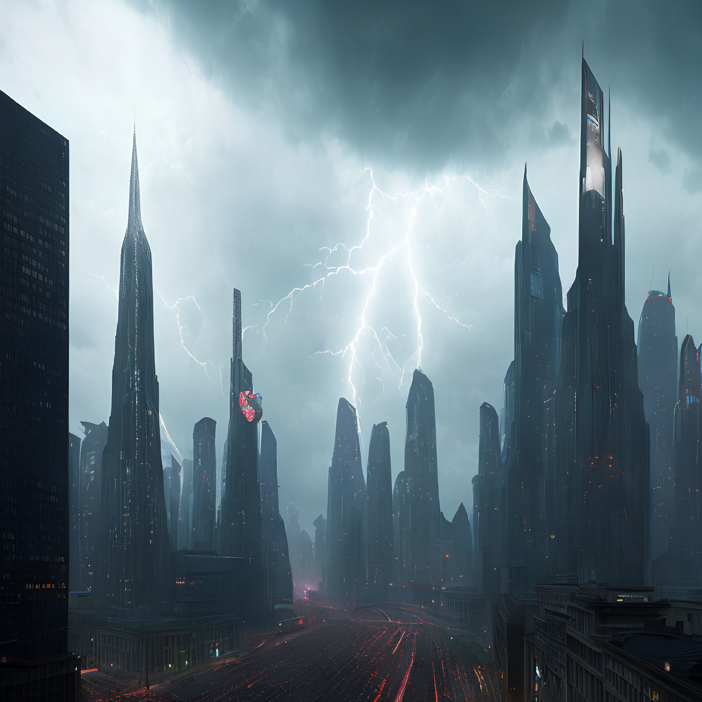 Futuristic cityscape with towering skyscrapers under stormy sky