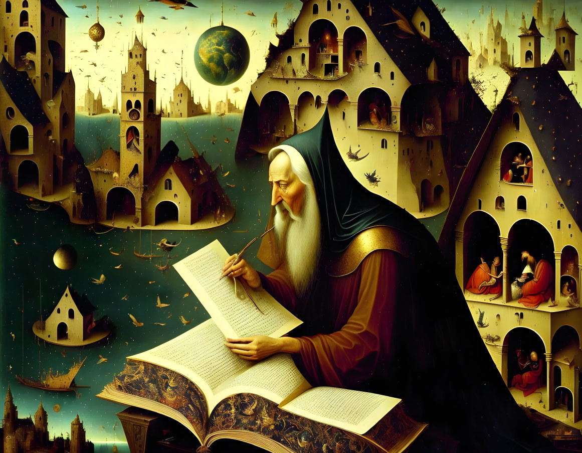 Surreal painting: robed scholar writing in giant book with fantastical landscape blending into robe