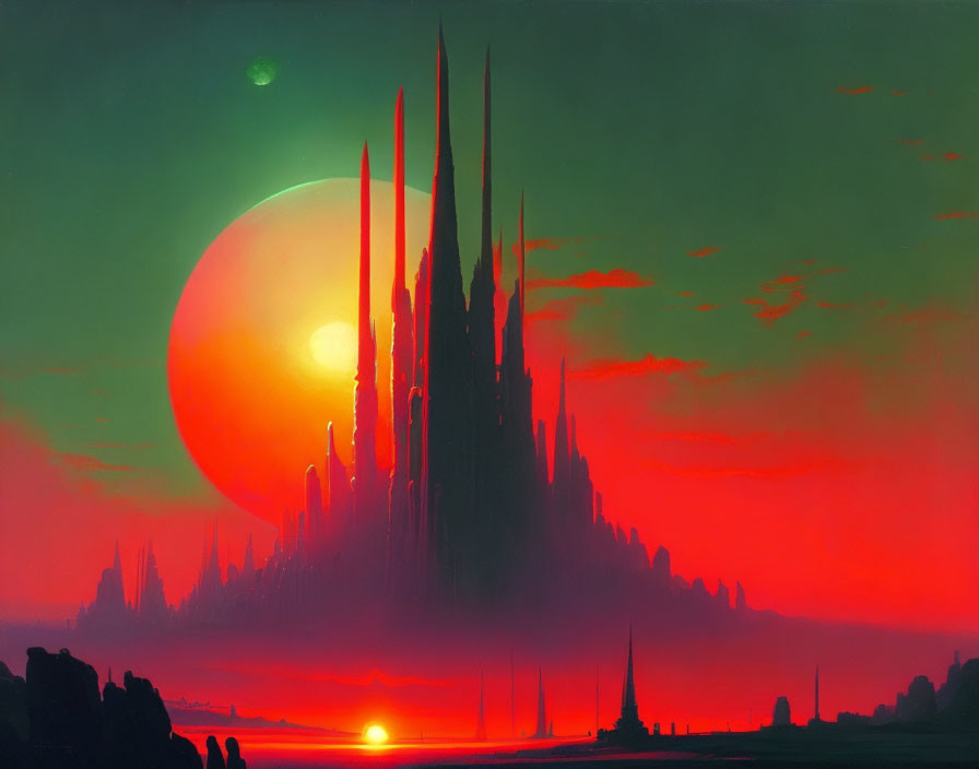 Fantastical landscape with towering spires and red sun setting over reflective water