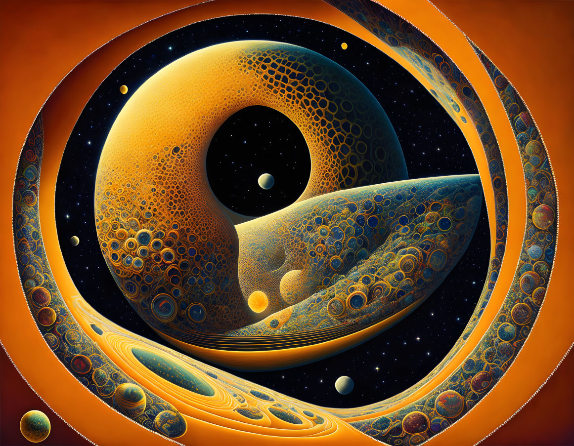 Surreal cosmic scene with circular layered patterns of celestial bodies in warm orange and yellow tones