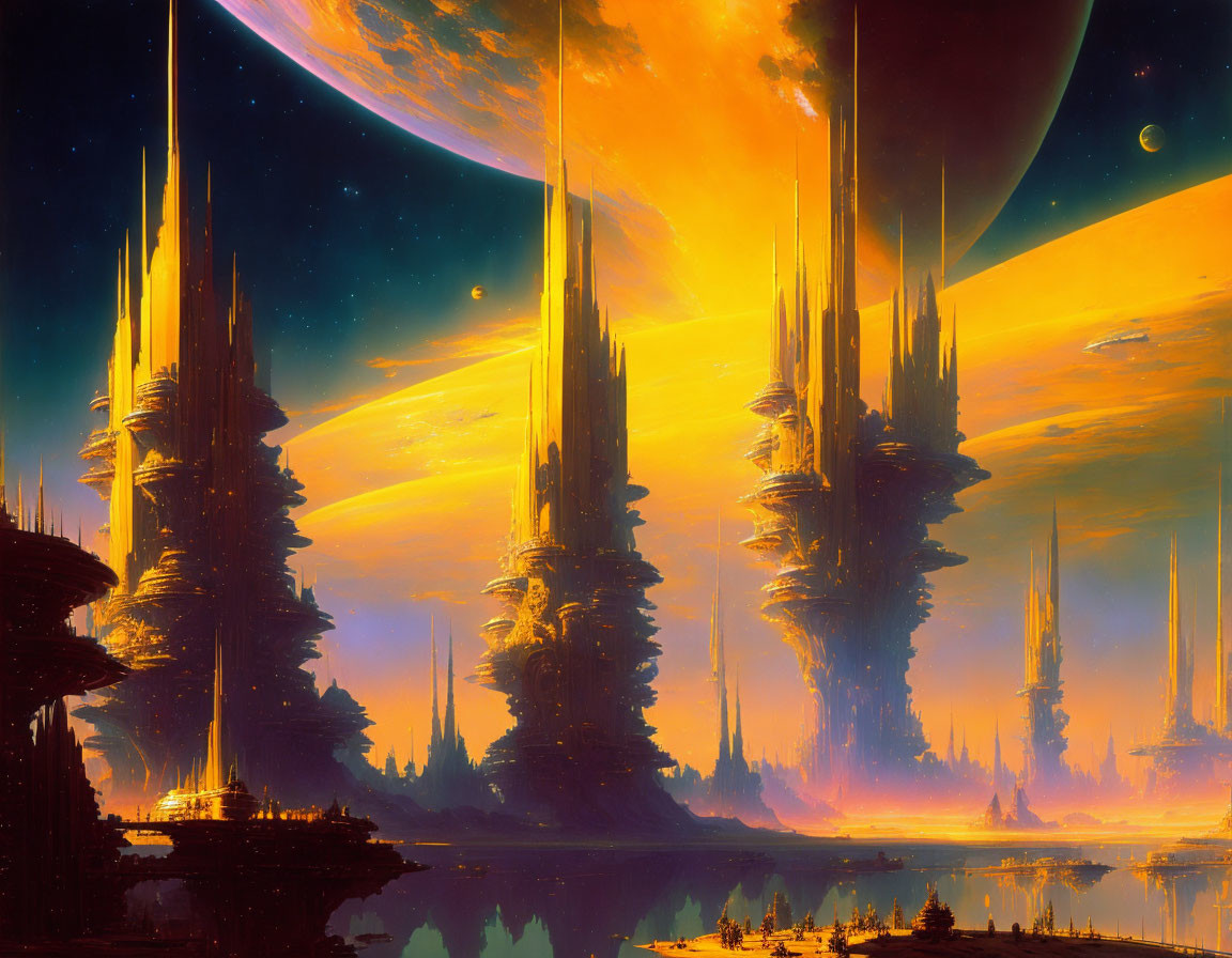 Futuristic city with towering spires under alien sky at sunset