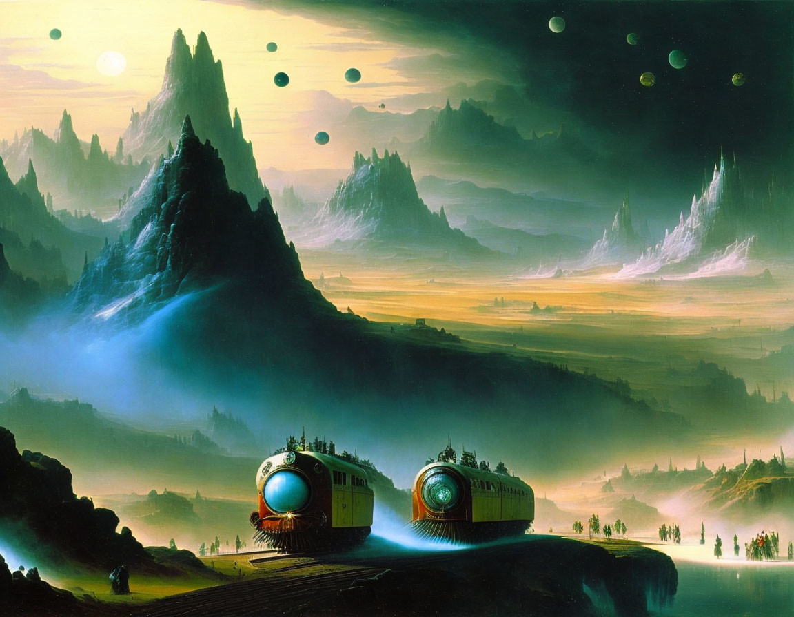 Fantastical landscape with towering mountains, futuristic trains, and multiple moons in the sky