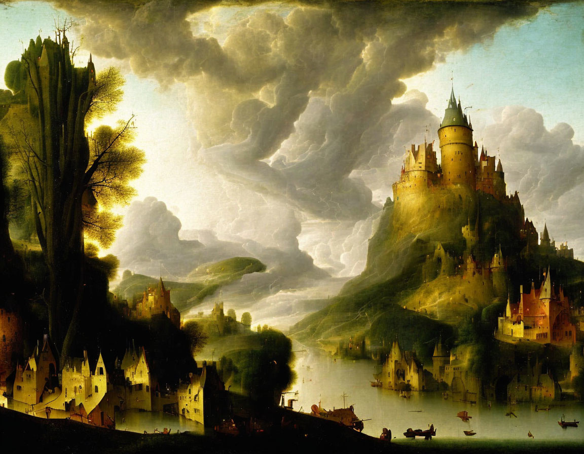 Classical landscape painting: Majestic castle on hill with village, waterways, dramatic skies