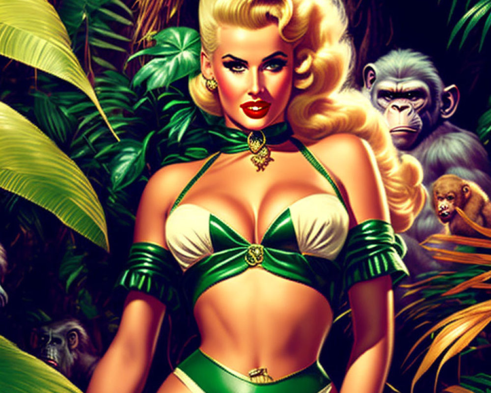 Stylized retro pin-up girl in green bikini with vintage hairstyle among lush jungle foliage and monkeys