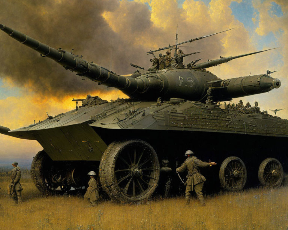 Historical soldiers with tank in field under cloudy sky