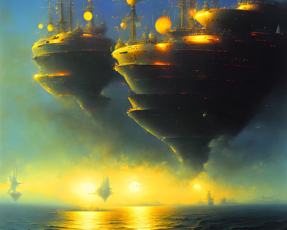 Futuristic floating ships with glowing orbs over sunset ocean