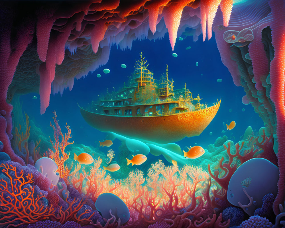 Colorful Fish and Sunken Ship in Vibrant Underwater Scene