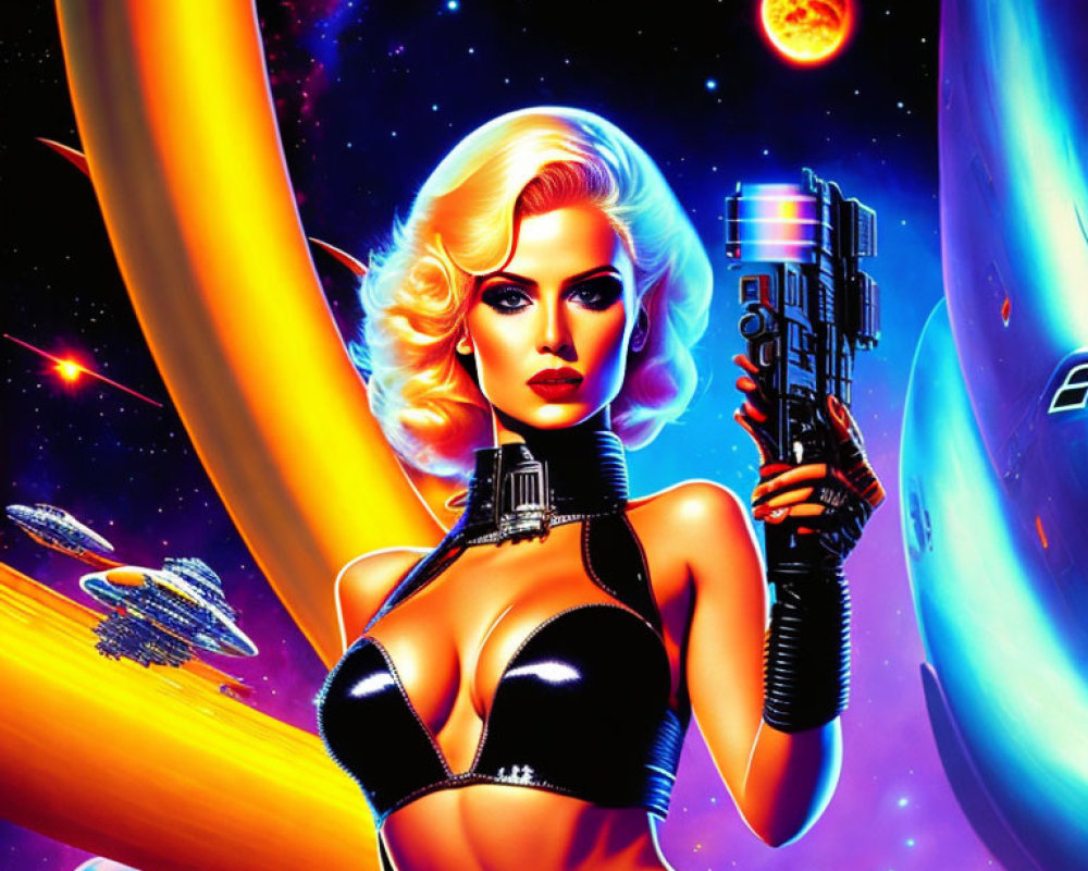 Illustration of woman in retro-futuristic attire with ray gun in cosmic setting