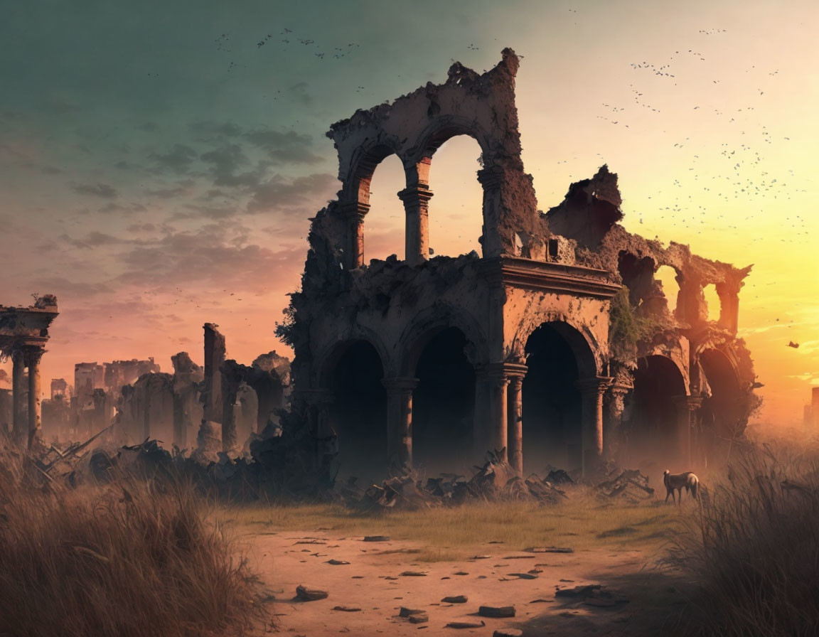 Ancient stone arches and columns ruins at sunset with lone wolf and flying birds