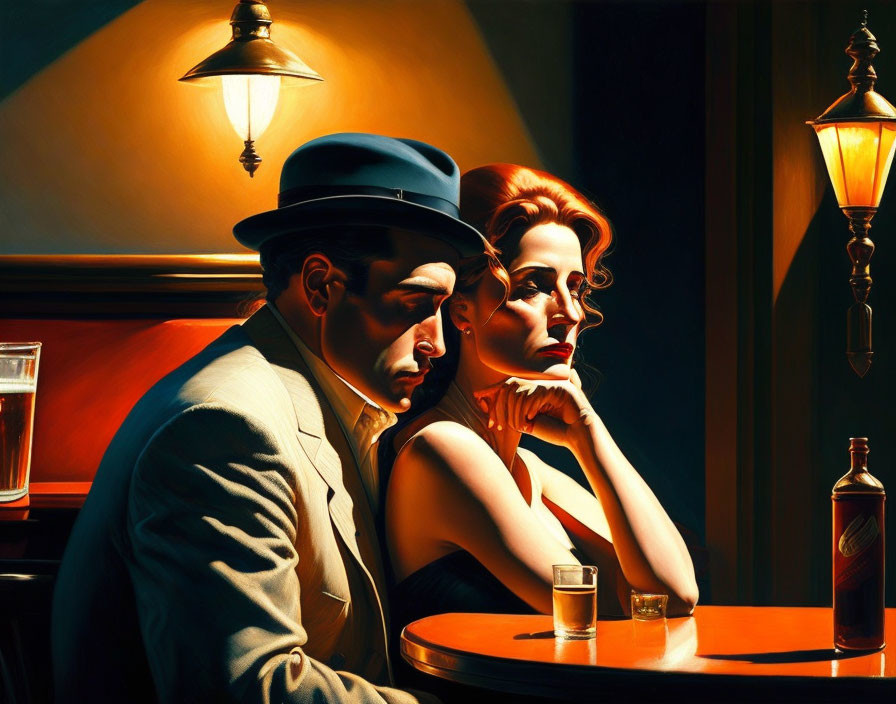 Stylized painting of man and woman in dimly lit bar