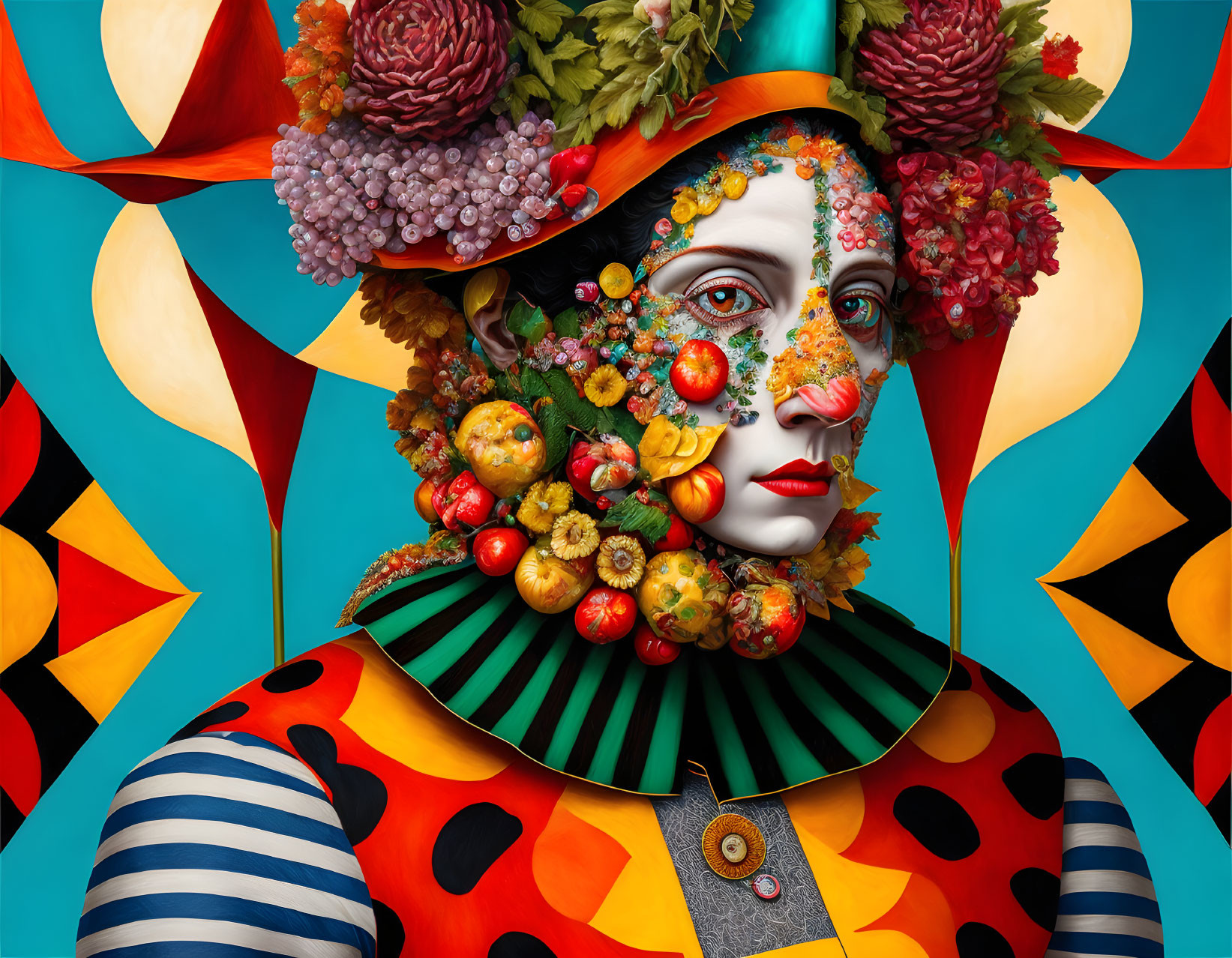 Colorful Portrait of Person with Floral and Fruit Makeup on Vibrant Geometric Background