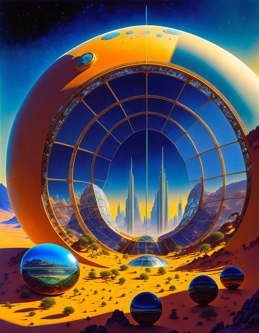 Illustration of colossal domed city on desert planet with spherical habitats and space vista.