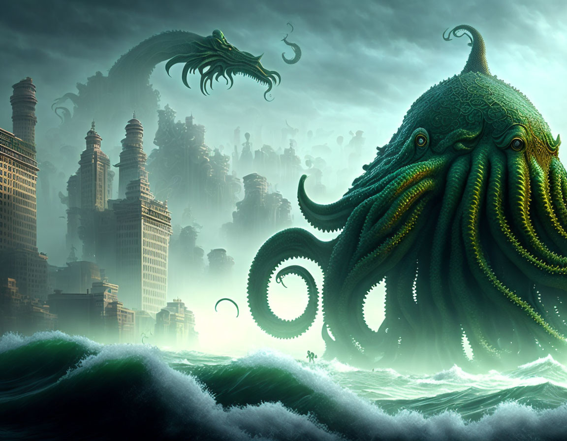 Giant octopus-like creature and serpentine monsters in foggy cityscape