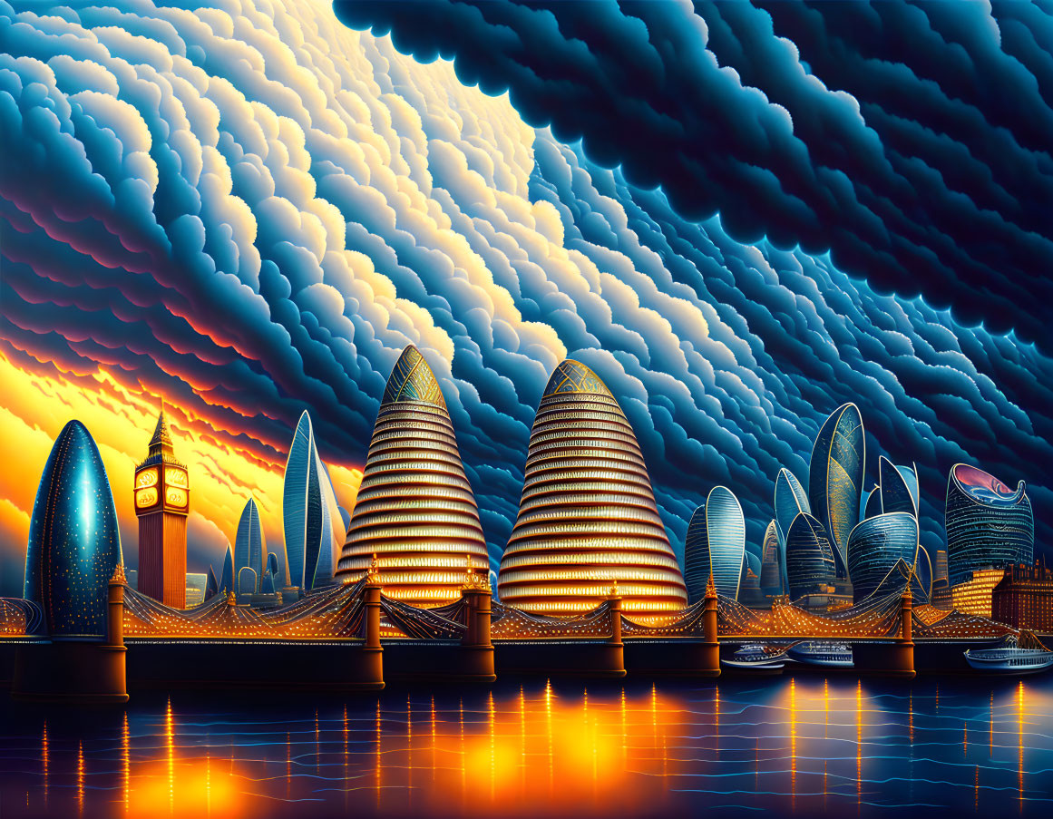 Futuristic cityscape at sunset with stylized buildings and dramatic sky.
