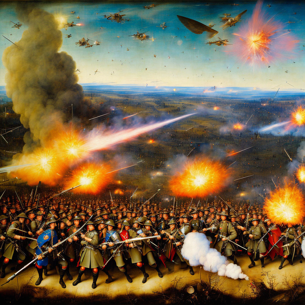 Colorful painting of soldiers in combat with fiery explosions and aerial warfare