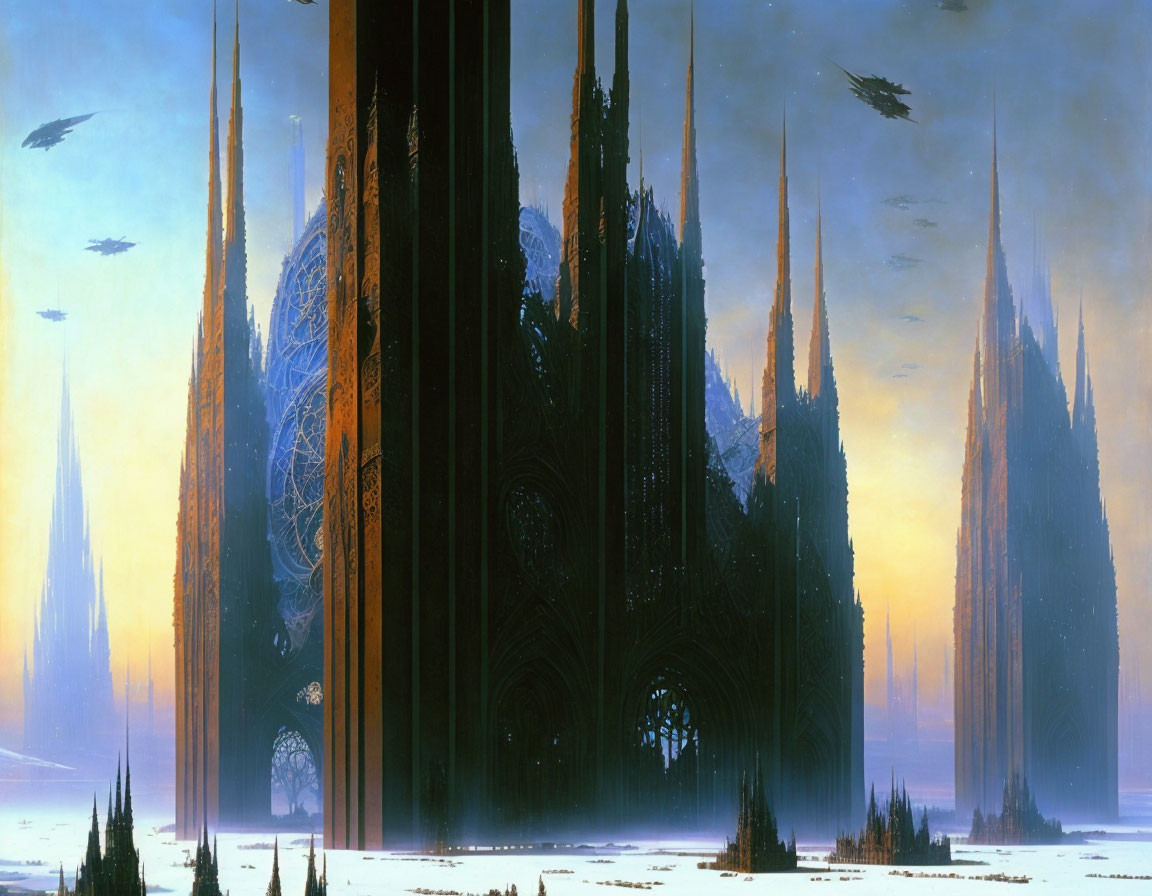 Futuristic landscape with cathedral-like structures and alien trees