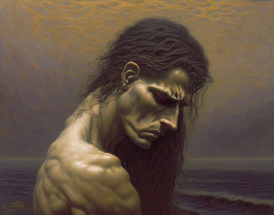 Brooding muscular figure with long dark hair against fiery sky and water
