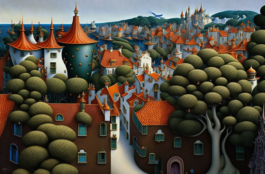 Fairytale village painting with cozy houses and lush green trees